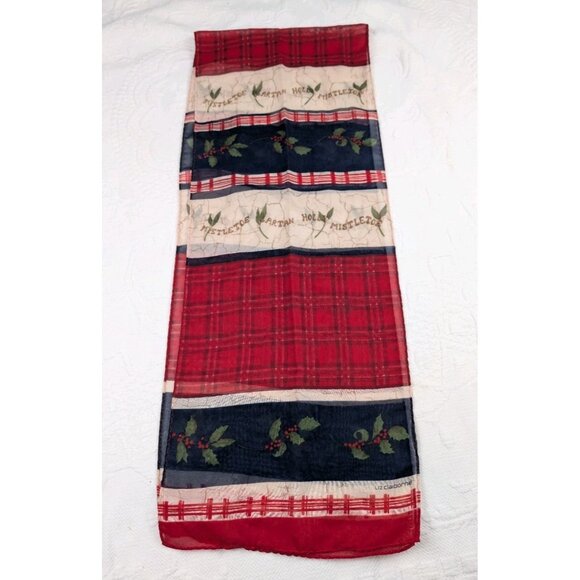Vtg Liz Claiborne Scarf Rectangle Holly Christmas themed sheer 53"x 9.75"  READ - Picture 2 of 9